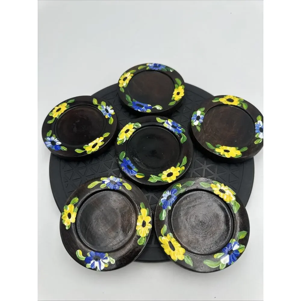 Hand Painted Lacquered Wood Coasters Hand Painter with Caddy Set Of 6